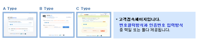 * ActiveX 설치페이지입니다.

* ActiveX 설치를 원하지 않으시면 페이지내 
   인증번호 입력. 버튼을 클릭하여 
   비 엑티브엑스접속 방식도 제공됩니다.
* 고객접속페이지입니다.

   번호클릭방식과 인증번호 입력방식
   중 택일 또는 둘다 제공됩니다. 
* 접속완료 페이지입니다.

   
  